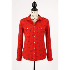 0039 Italy Women’s Orange Button Down Blouse Size M | Insect Print Long Sleeve